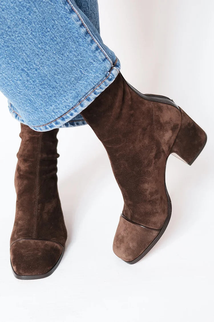 Women's Suede-Look Heeled Boots – square toe ankle style, view 1 | The Jessamy | Huna