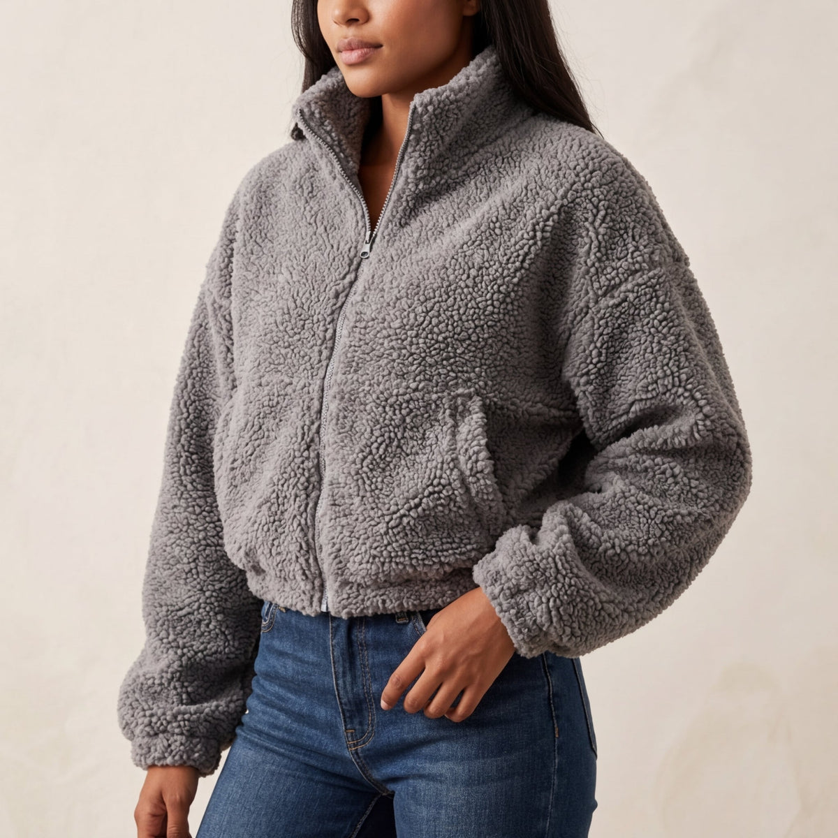 Women's Sherpa Fleece Jacket UK – cropped half-zip, view 2