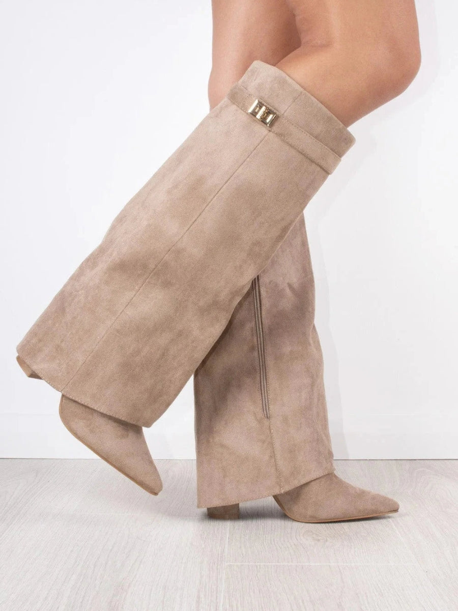 Women's Suede-Look Fold-Over Boots – pointed toe golden detail, view 7 | The Honora | Huna