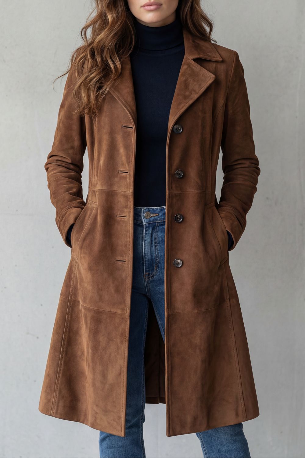 Women's suede longline coat – The Adelphine by Huna – view 1
