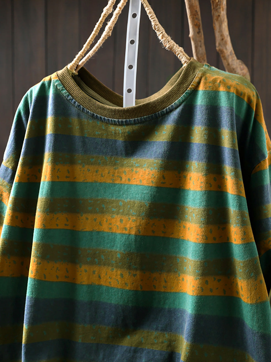 Women's Plus Size Colourblock Cotton Top – striped crew neck, view 4 | The Ismerie | Huna