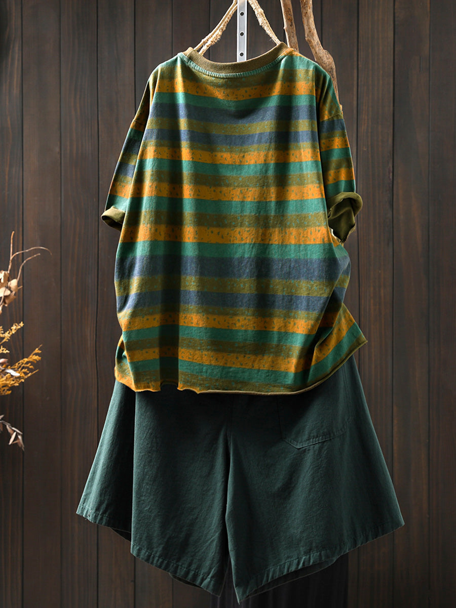 Women's Plus Size Colourblock Cotton Top – striped crew neck, view 5 | The Ismerie | Huna