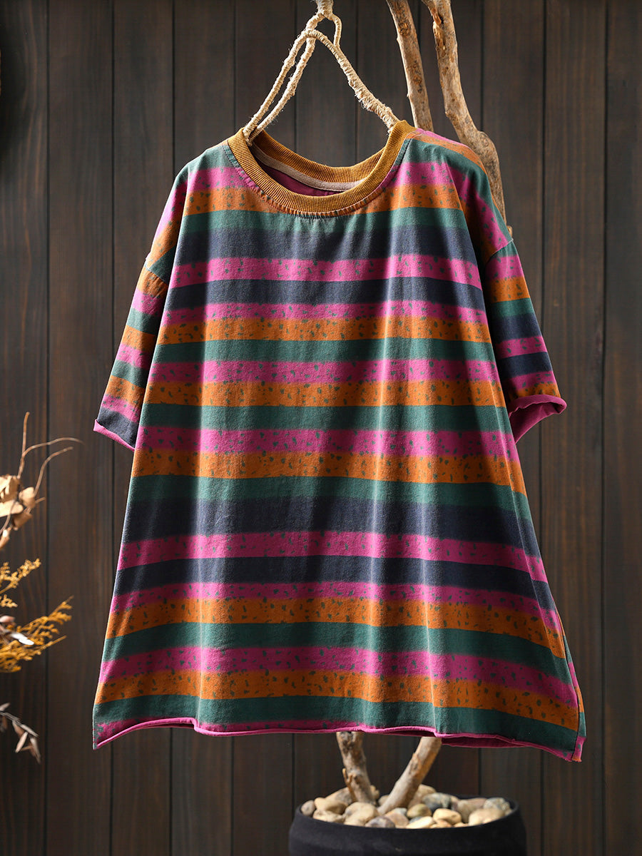 Women's Plus Size Colourblock Cotton Top – striped crew neck, view 8 | The Ismerie | Huna