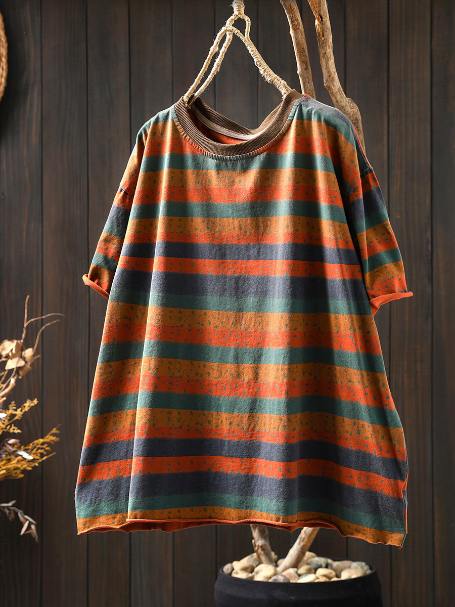 Women's Plus Size Colourblock Cotton Top – striped crew neck, view 3 | The Ismerie | Huna