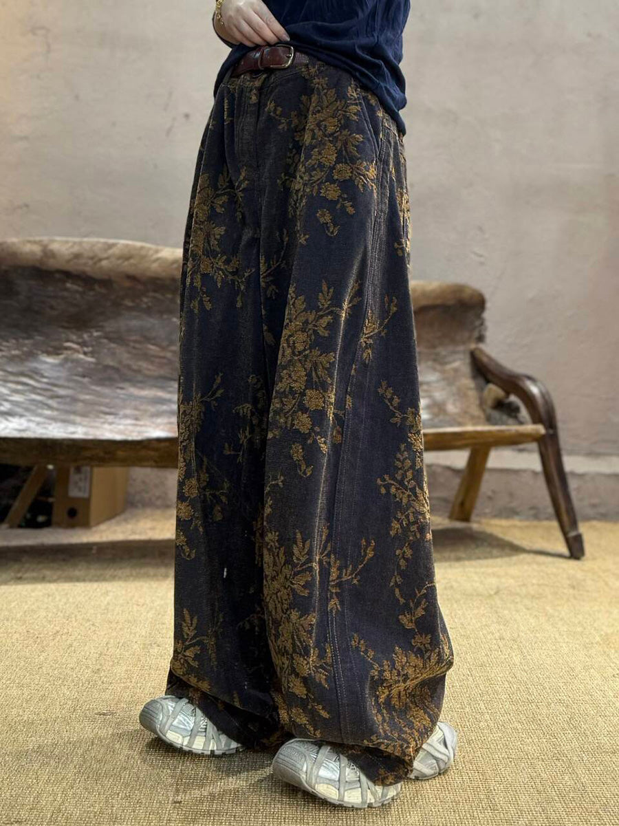 Women's Plus Size Floral Wide Leg Trousers – cotton elastic waist, view 2 | The Linette | Huna