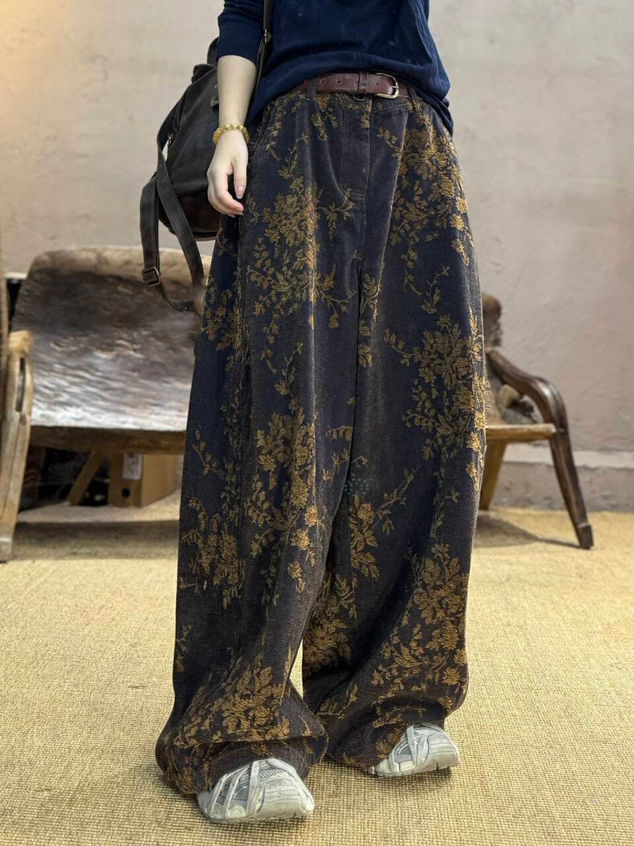 Women's Plus Size Floral Wide Leg Trousers – cotton elastic waist, view 3 | The Linette | Huna