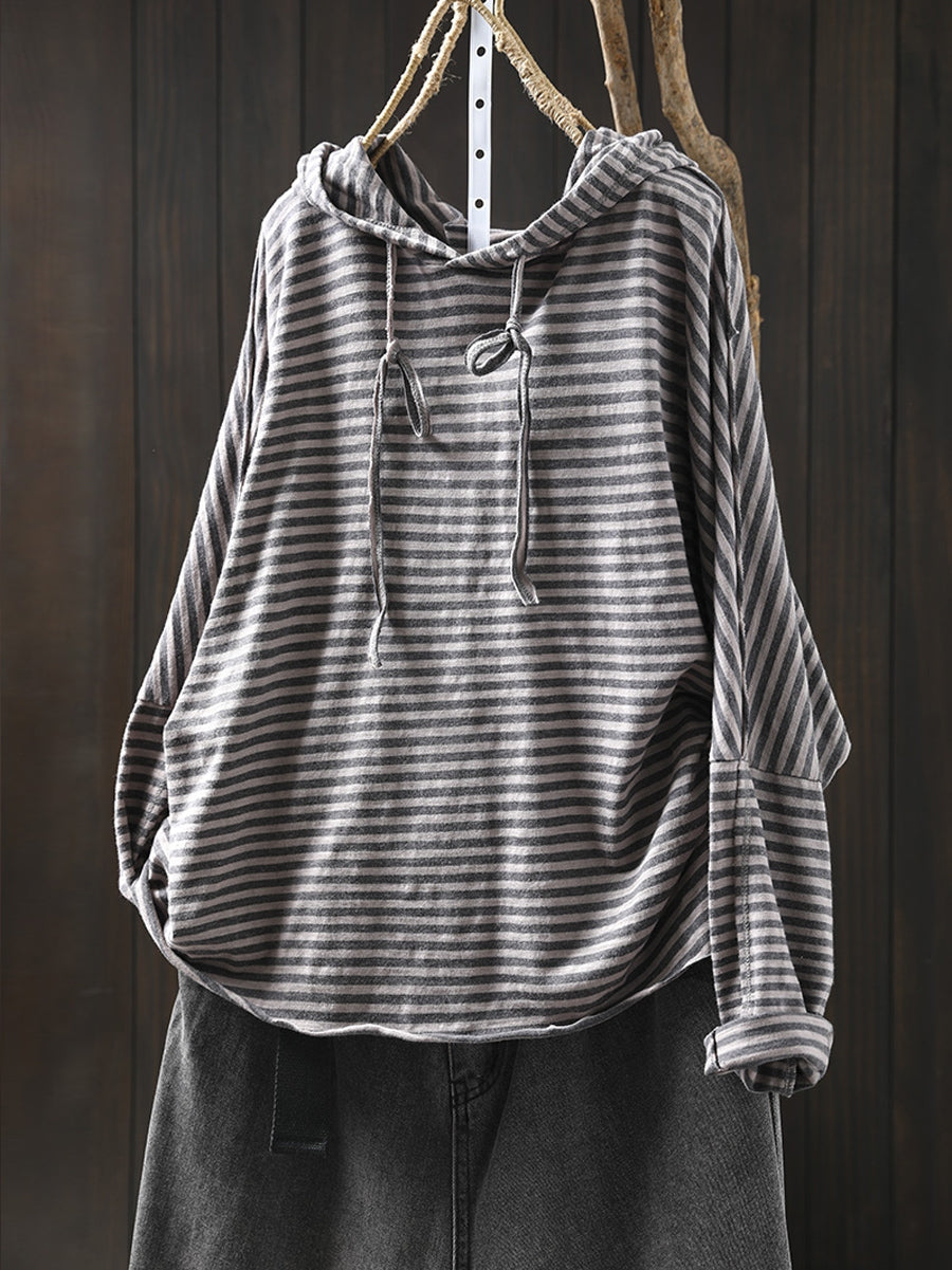 Women's Plus Size Striped Cotton Hoodie – relaxed long sleeve, view 1 | The Elsinore | Huna