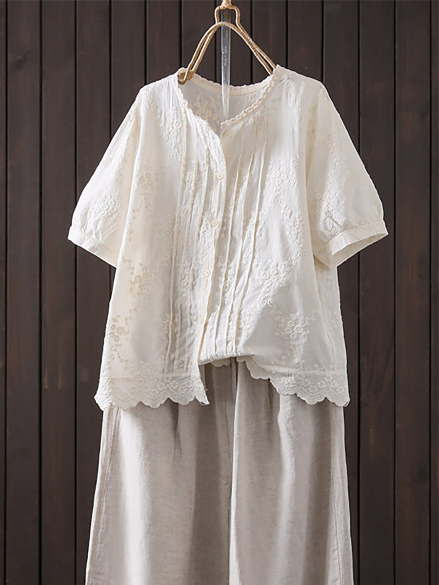 Women's Plus Size Embroidered Cotton Top – stand collar colourblock, view 2 | The Tanith | Huna