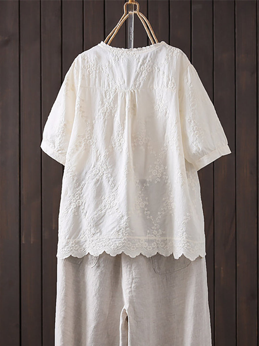 Women's Plus Size Embroidered Cotton Top – stand collar colourblock, view 3 | The Tanith | Huna
