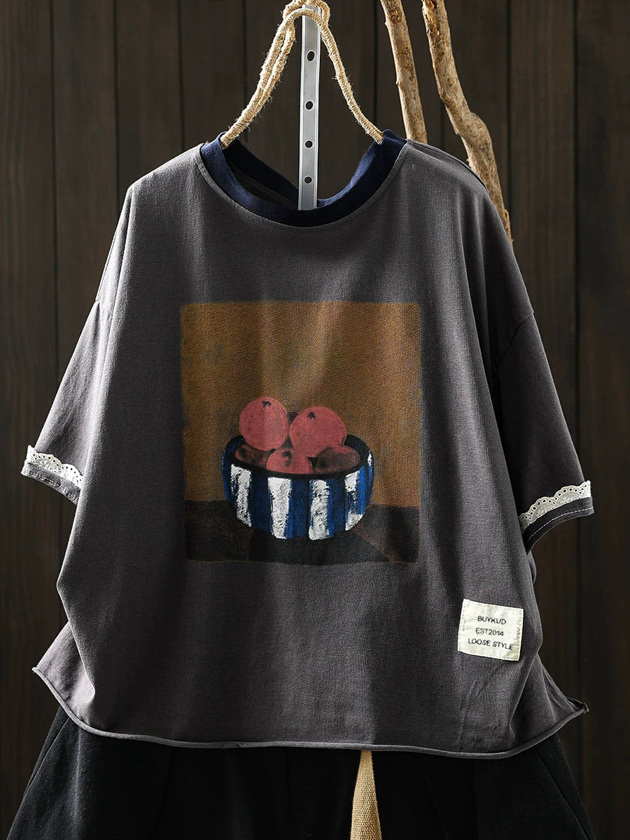 Women's Plus Size Printed Cotton T-Shirt – round neck casual top, view 8 | The Odelia | Huna