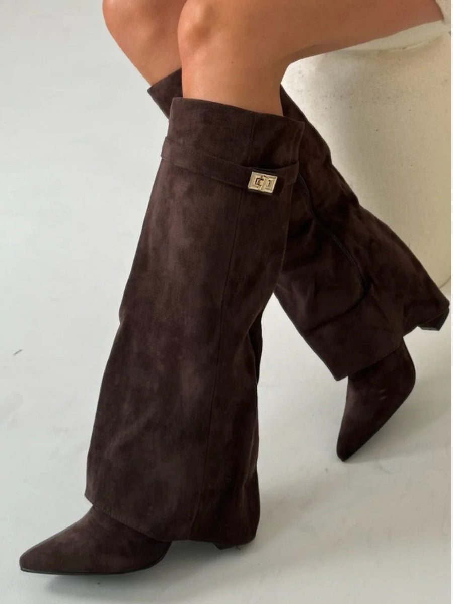 Women's Suede-Look Fold-Over Boots – pointed toe golden detail, view 11 | The Honora | Huna