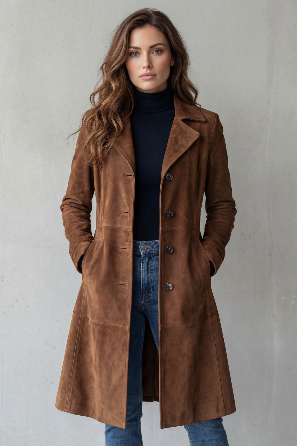 Women's suede longline coat – The Adelphine by Huna – view 2