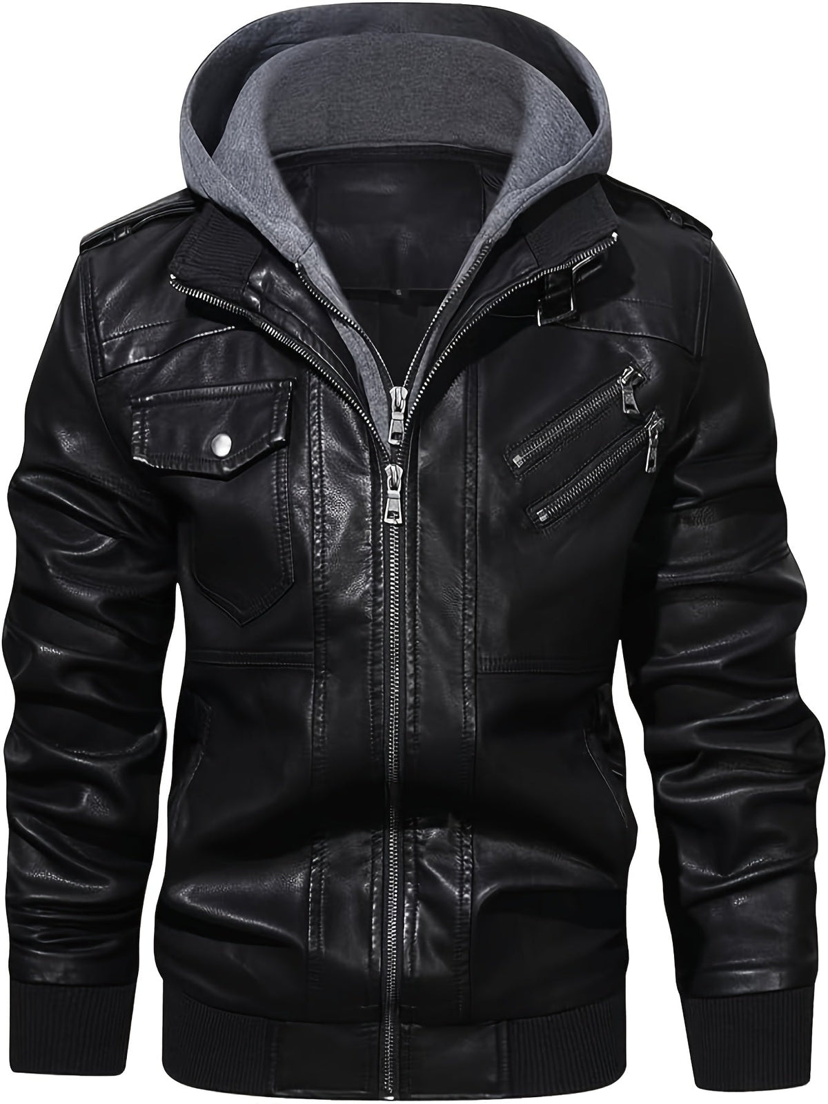 Men's hooded pu leather moto jacket – The Winston by Huna – view 3