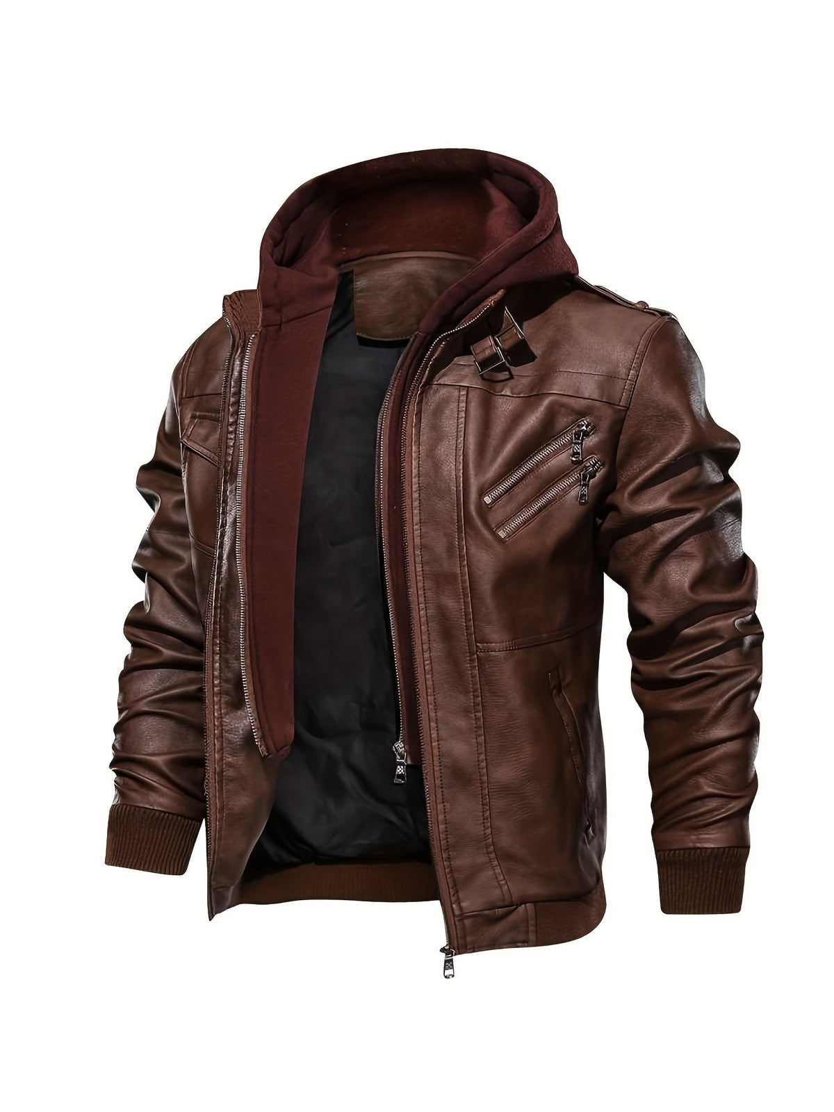 Men's hooded pu leather jacket – The Maddox by Huna – view 25