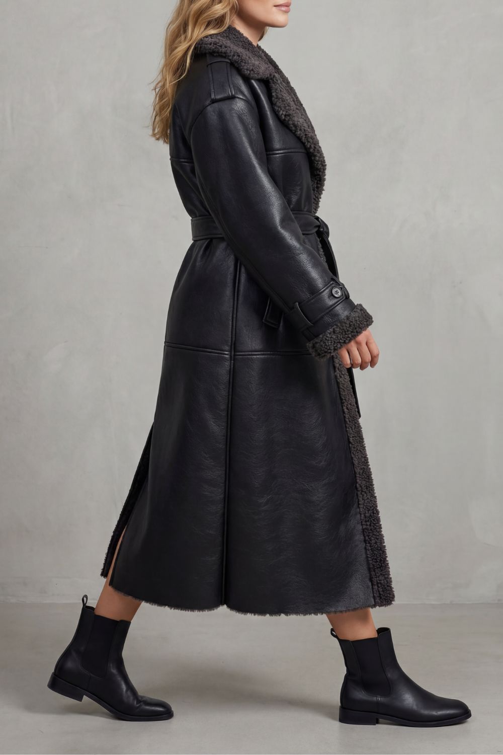 Women's belted shearling coat – The Maristelle by Huna – view 3