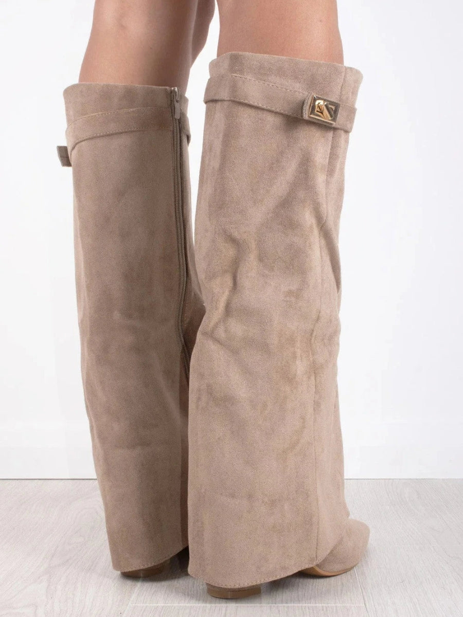 Women's Suede-Look Fold-Over Boots – pointed toe golden detail, view 9 | The Honora | Huna