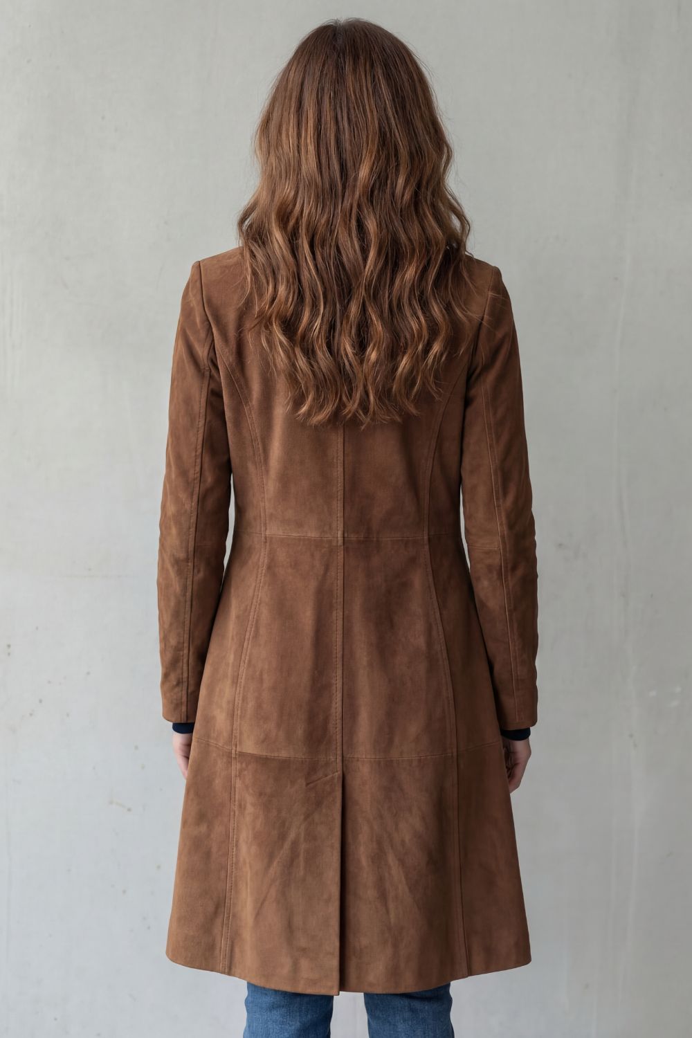 Women's suede longline coat – The Adelphine by Huna – view 3