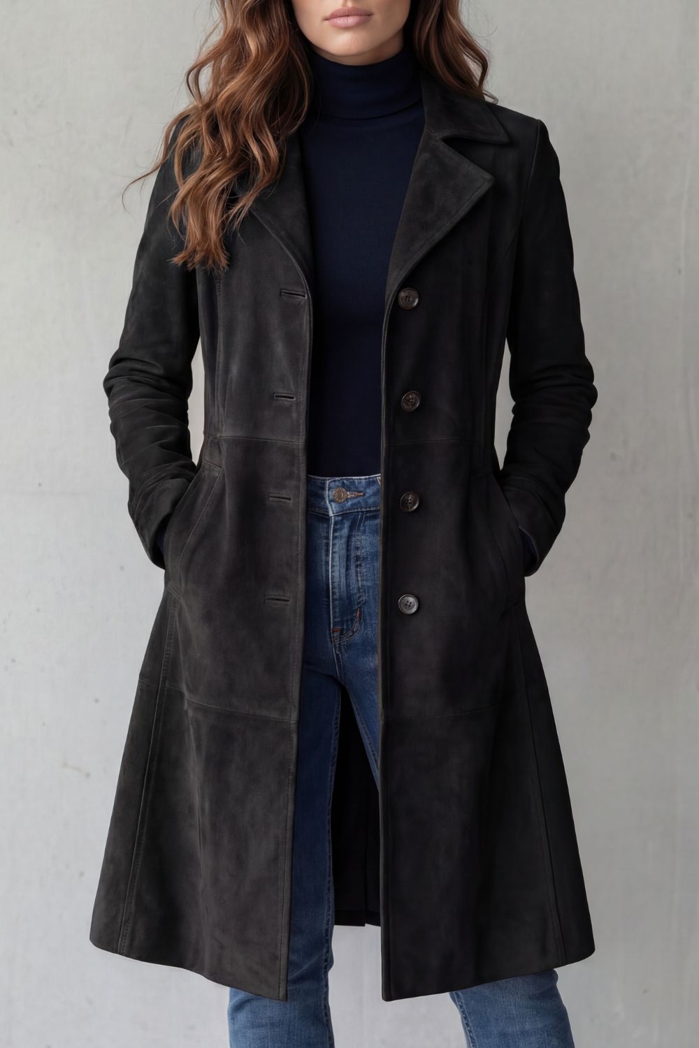 Women's suede longline coat – The Adelphine by Huna – view 4