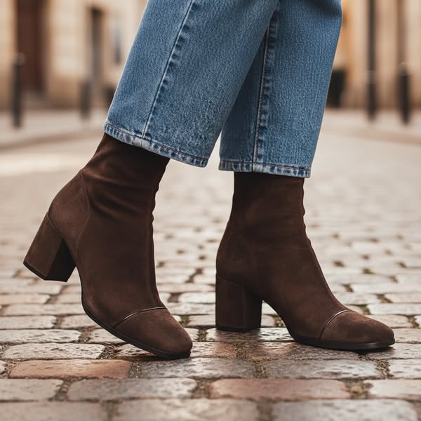 Women's Suede-Look Heeled Boots – square toe ankle style, view 2 | The Jessamy | Huna