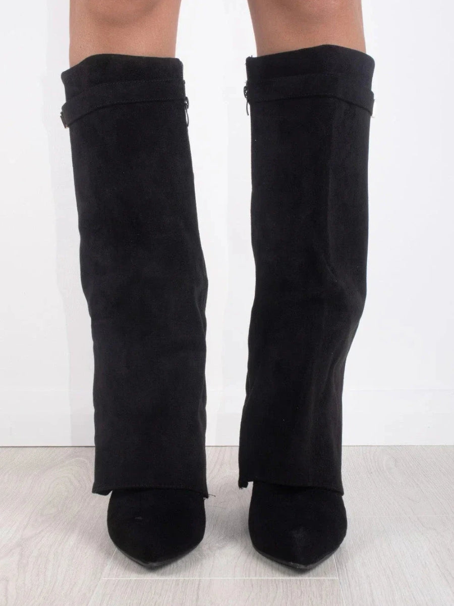 Women's Suede-Look Fold-Over Boots – pointed toe golden detail, view 5 | The Honora | Huna