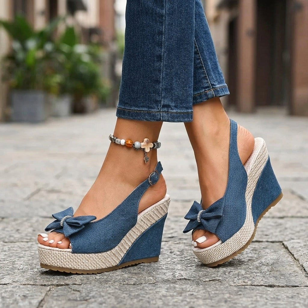 Women's Denim Wedge Sandals – Crystal Bow | The Brea | Huna