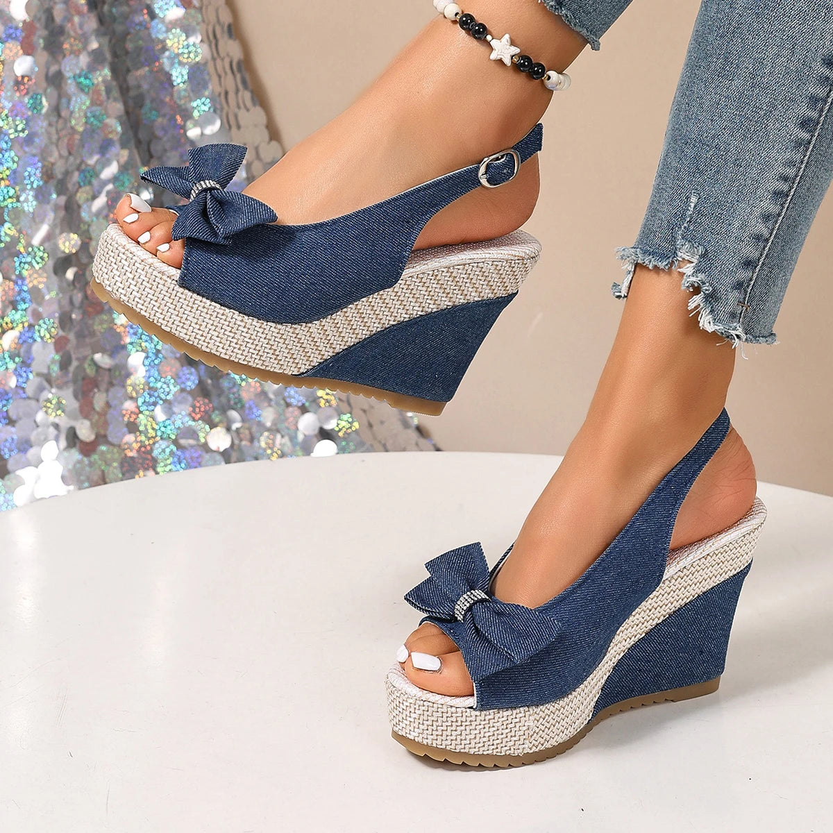 Women's Denim Wedge Sandals – Crystal Bow | The Brea | Huna