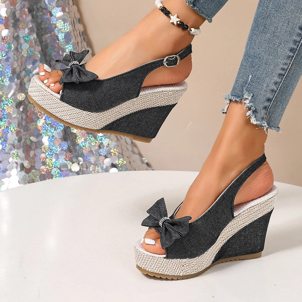 Women's Denim Wedge Sandals – Crystal Bow | The Brea | Huna