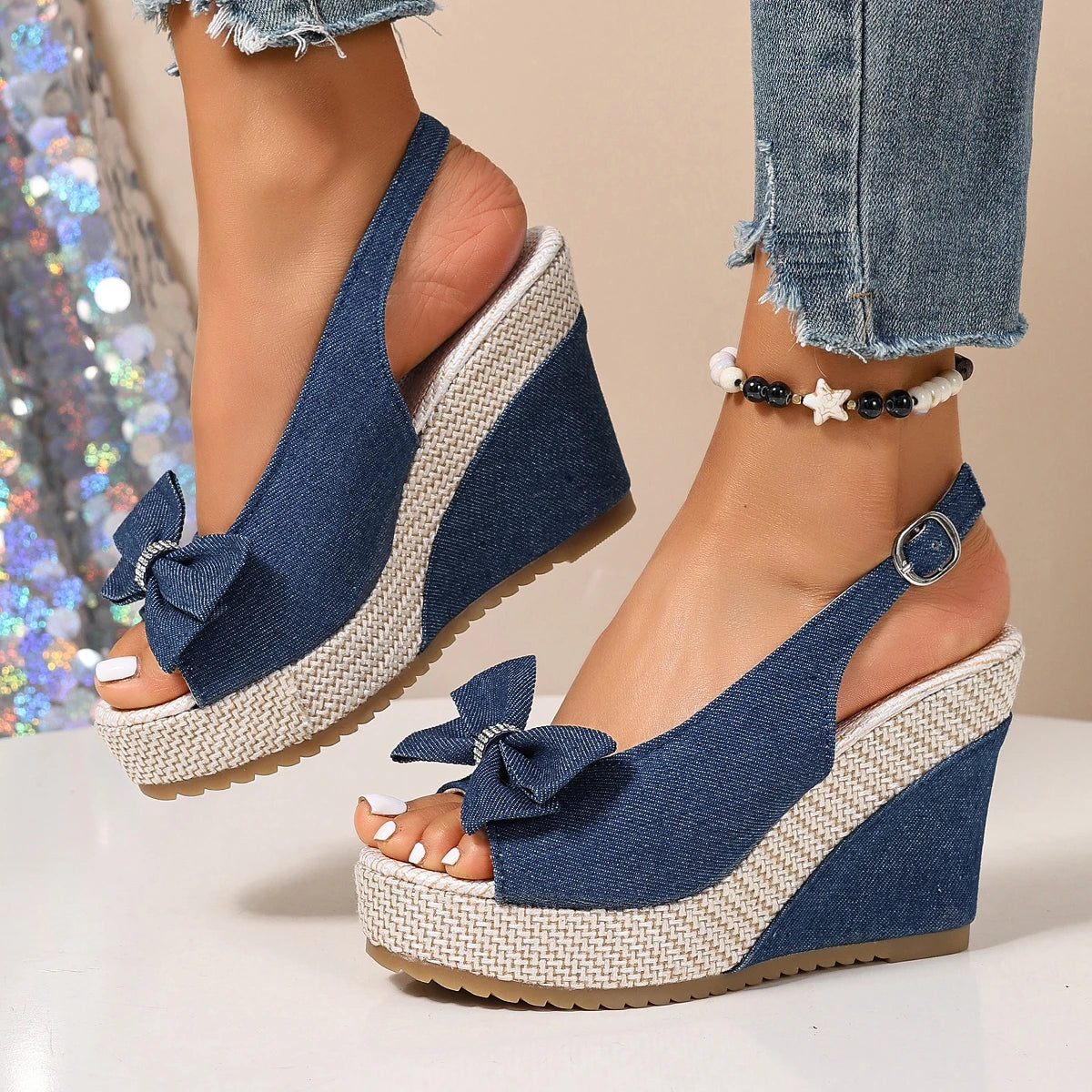 Women's Denim Wedge Sandals – Crystal Bow | The Brea | Huna
