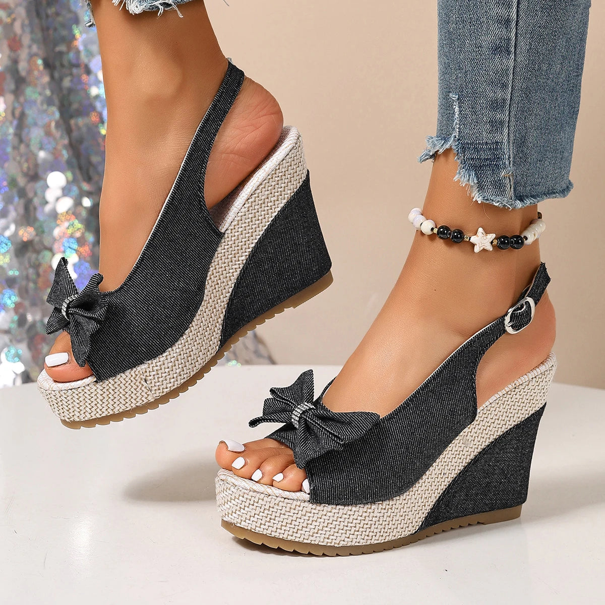 Women's Denim Wedge Sandals – Crystal Bow | The Brea | Huna