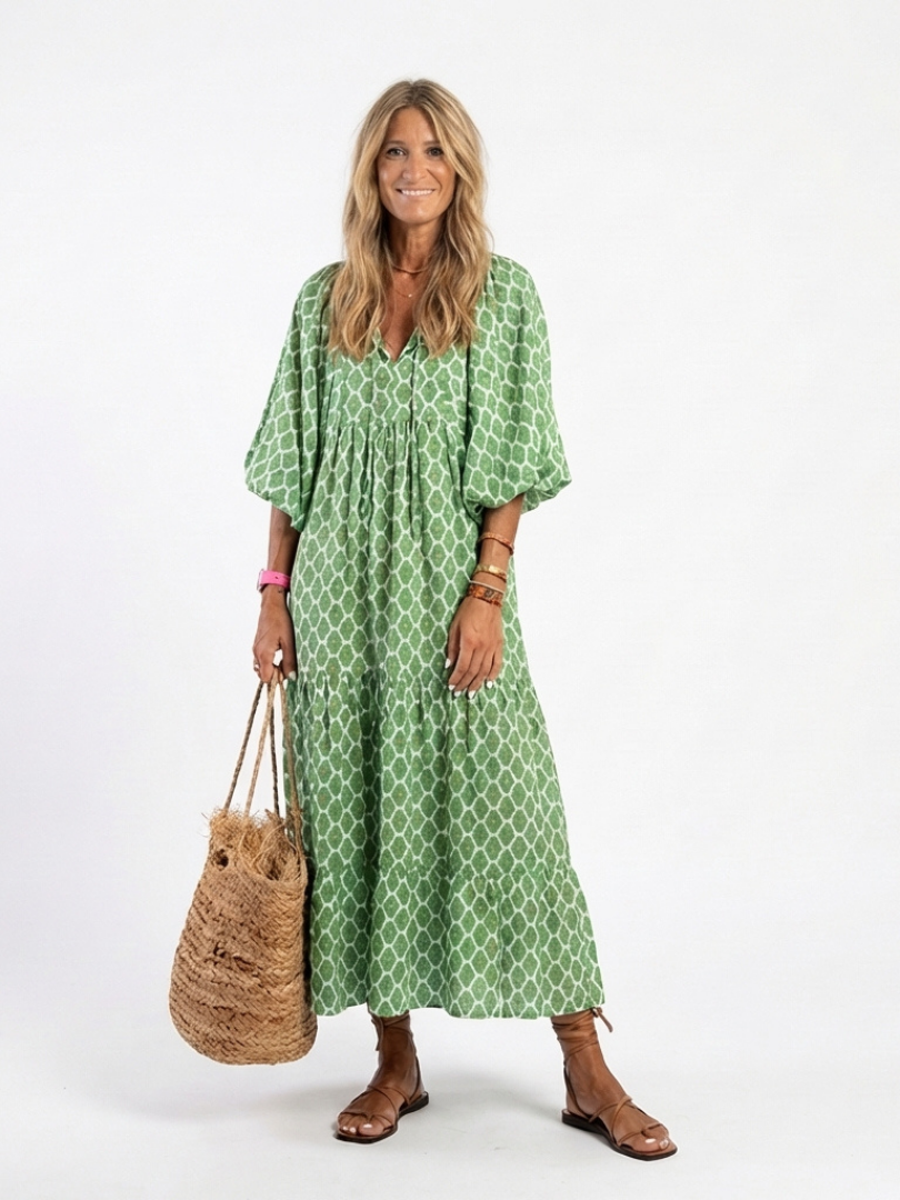 Apolline – Women's Tiered Patterned Midi Dress | Huna