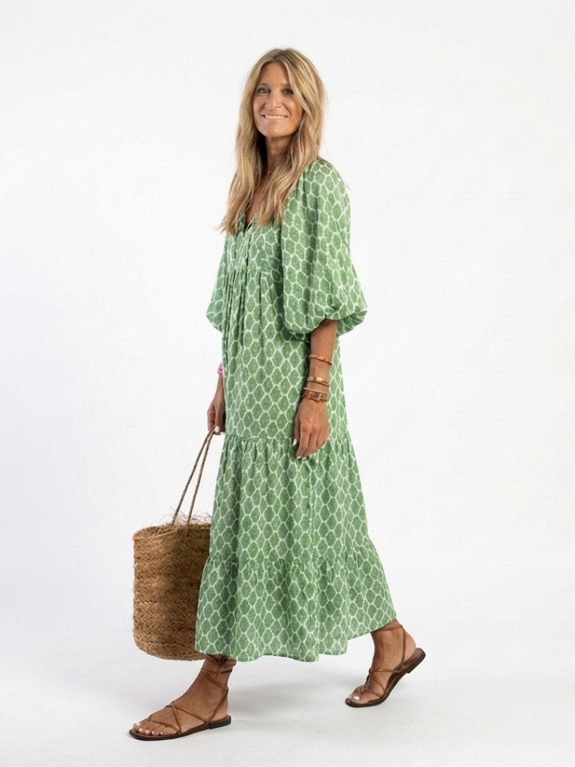 Apolline – Women's Tiered Patterned Midi Dress | Huna
