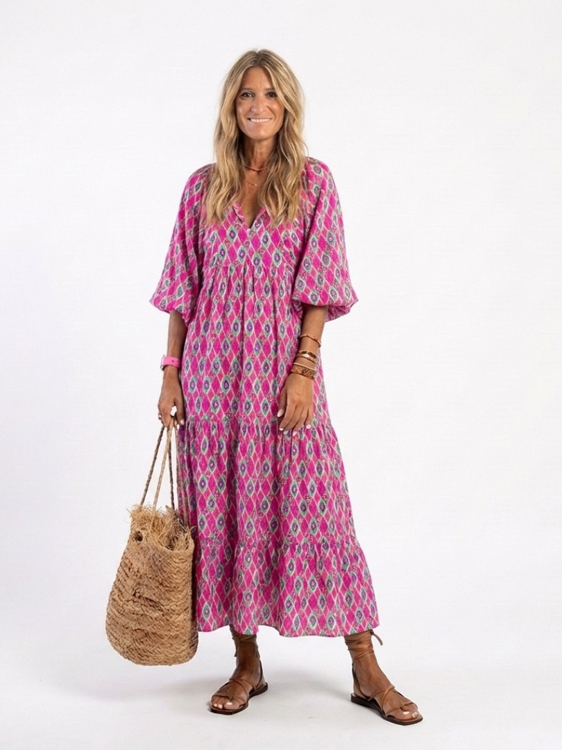 Apolline – Women's Tiered Patterned Midi Dress | Huna