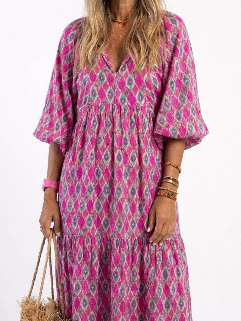 Apolline – Women's Tiered Patterned Midi Dress | Huna