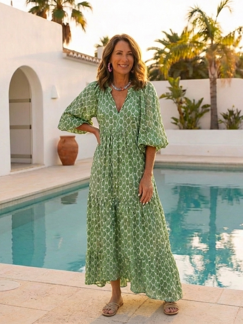 Apolline – Women's Tiered Patterned Midi Dress | Huna