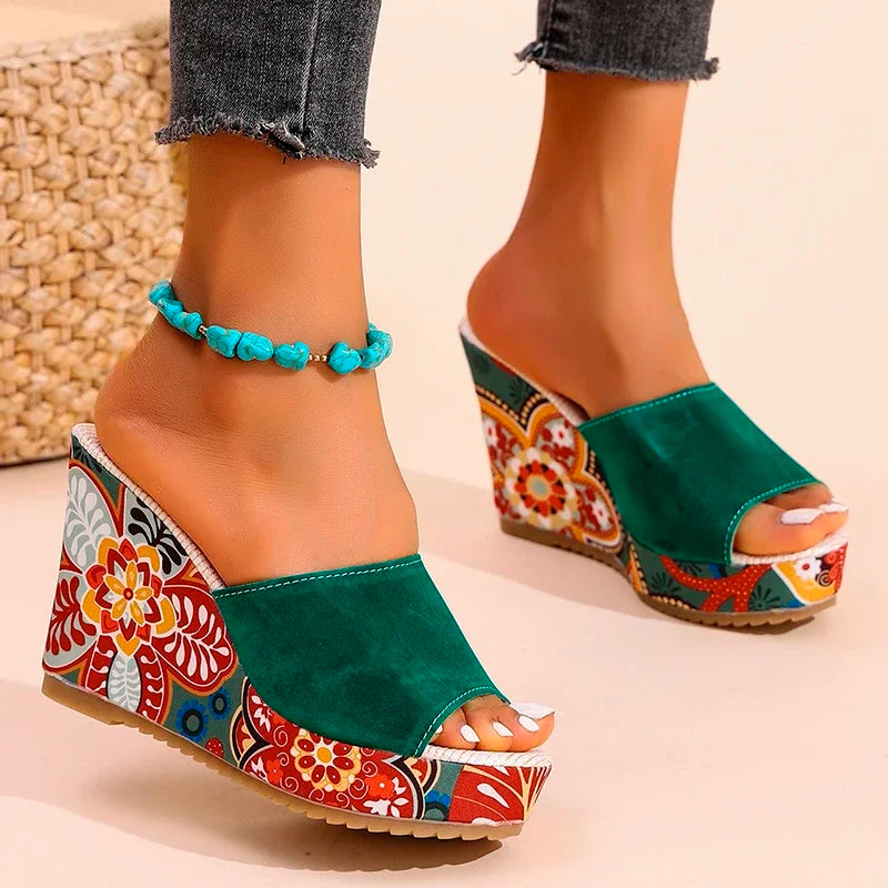 Women's Floral Wedge Sandals – Suede Platform Mule | The Lyra | Huna