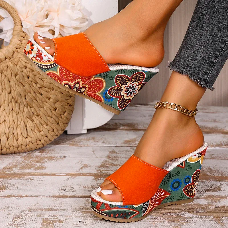 Women's Floral Wedge Sandals – Suede Platform Mule | The Lyra | Huna