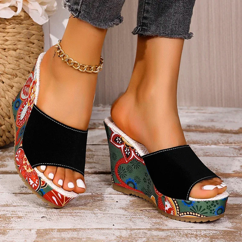 Women's Floral Wedge Sandals – Suede Platform Mule | The Lyra | Huna