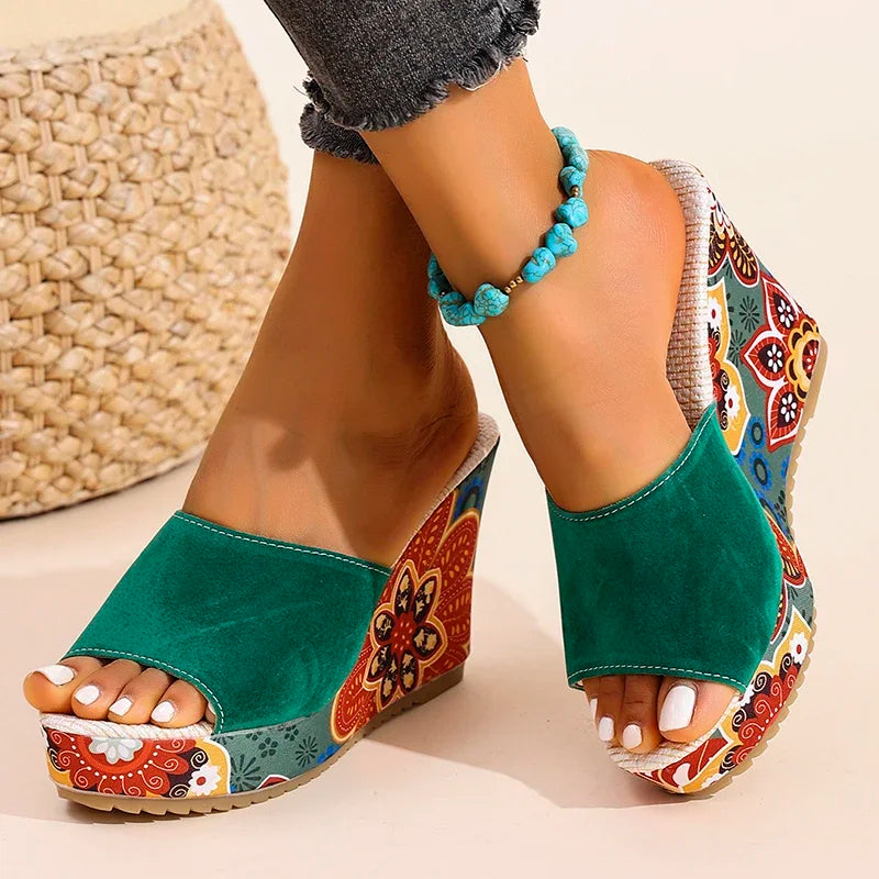 Women's Floral Wedge Sandals – Suede Platform Mule | The Lyra | Huna