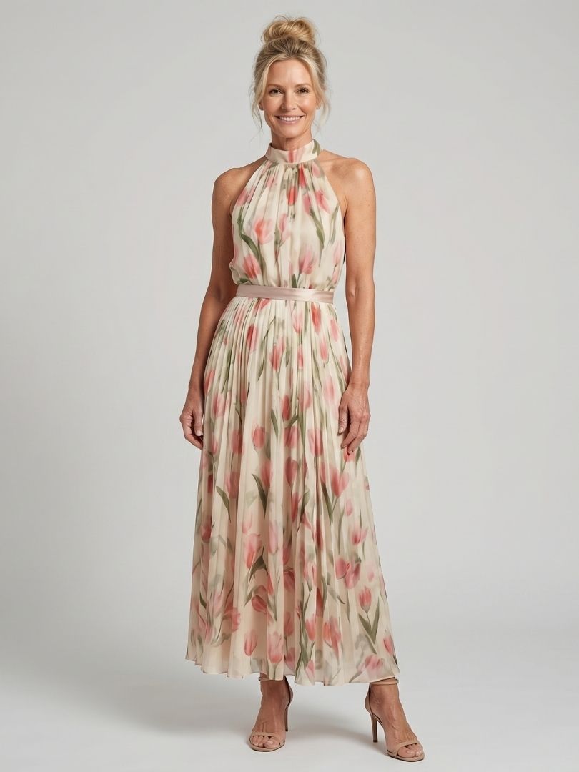 Aurelle – Women's Floral Halter Neck Midi Dress | Huna