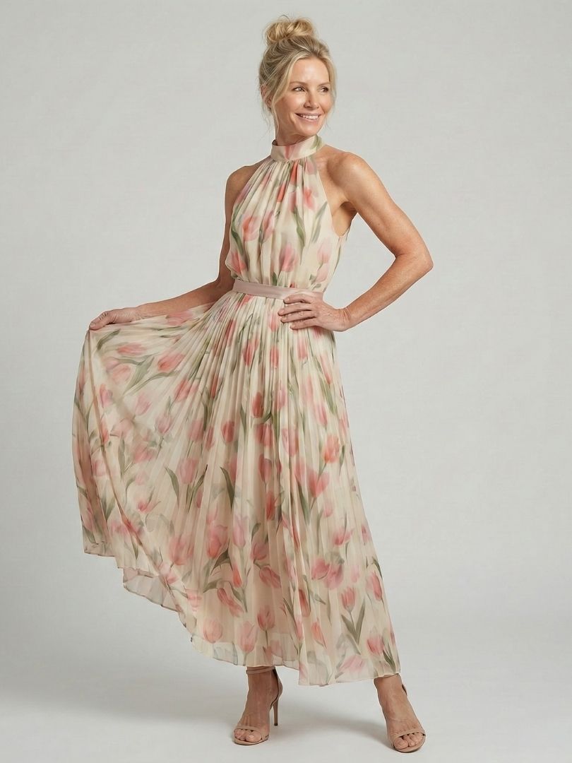 Aurelle – Women's Floral Halter Neck Midi Dress | Huna