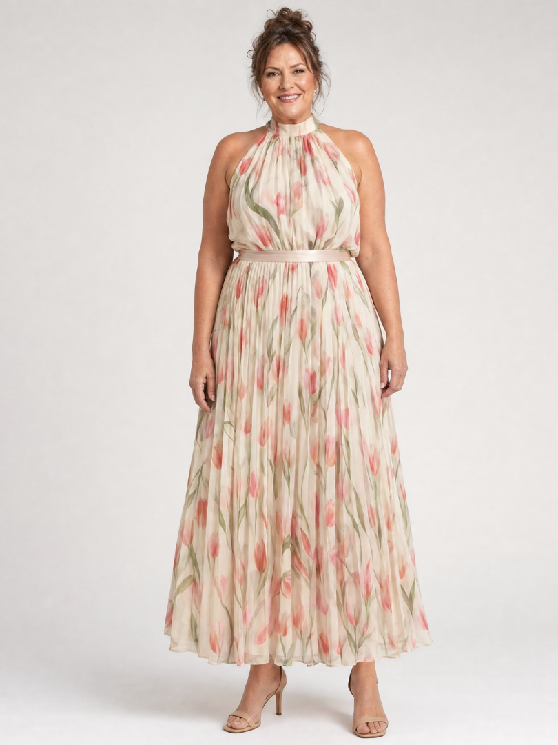 Aurelle – Women's Floral Halter Neck Midi Dress | Huna