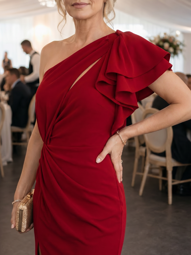 The Aurette – Women's One Shoulder Wedding Guest Midi Dress | Huna