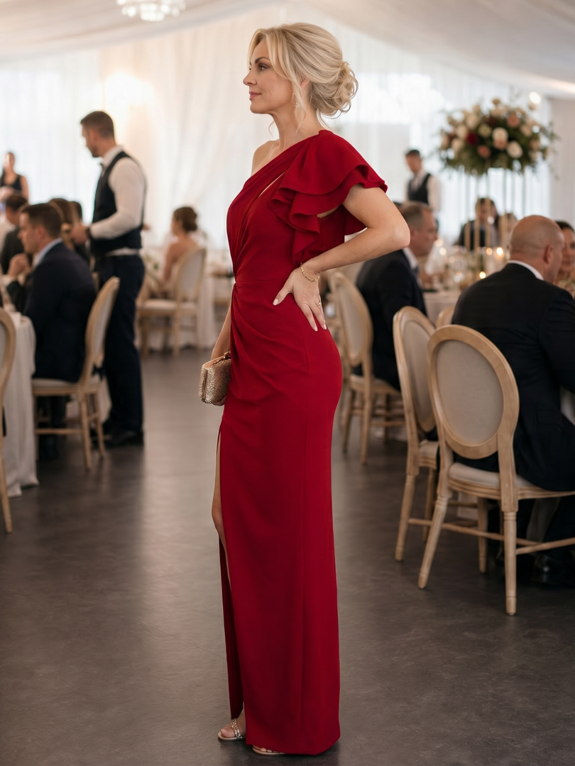The Aurette – Women's One Shoulder Wedding Guest Midi Dress | Huna