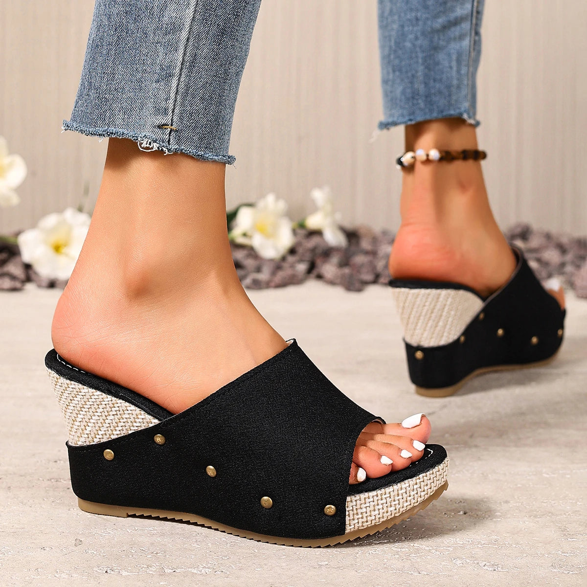 Women's Wedge Sandals – Gold Stud Detail | The Pella | Huna