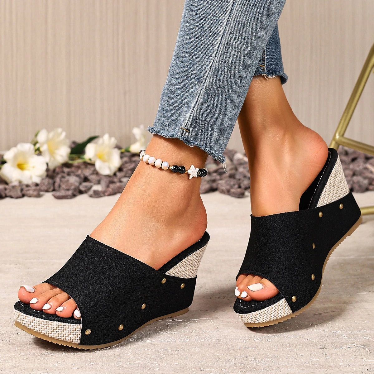 Women's Wedge Sandals – Gold Stud Detail | The Pella | Huna