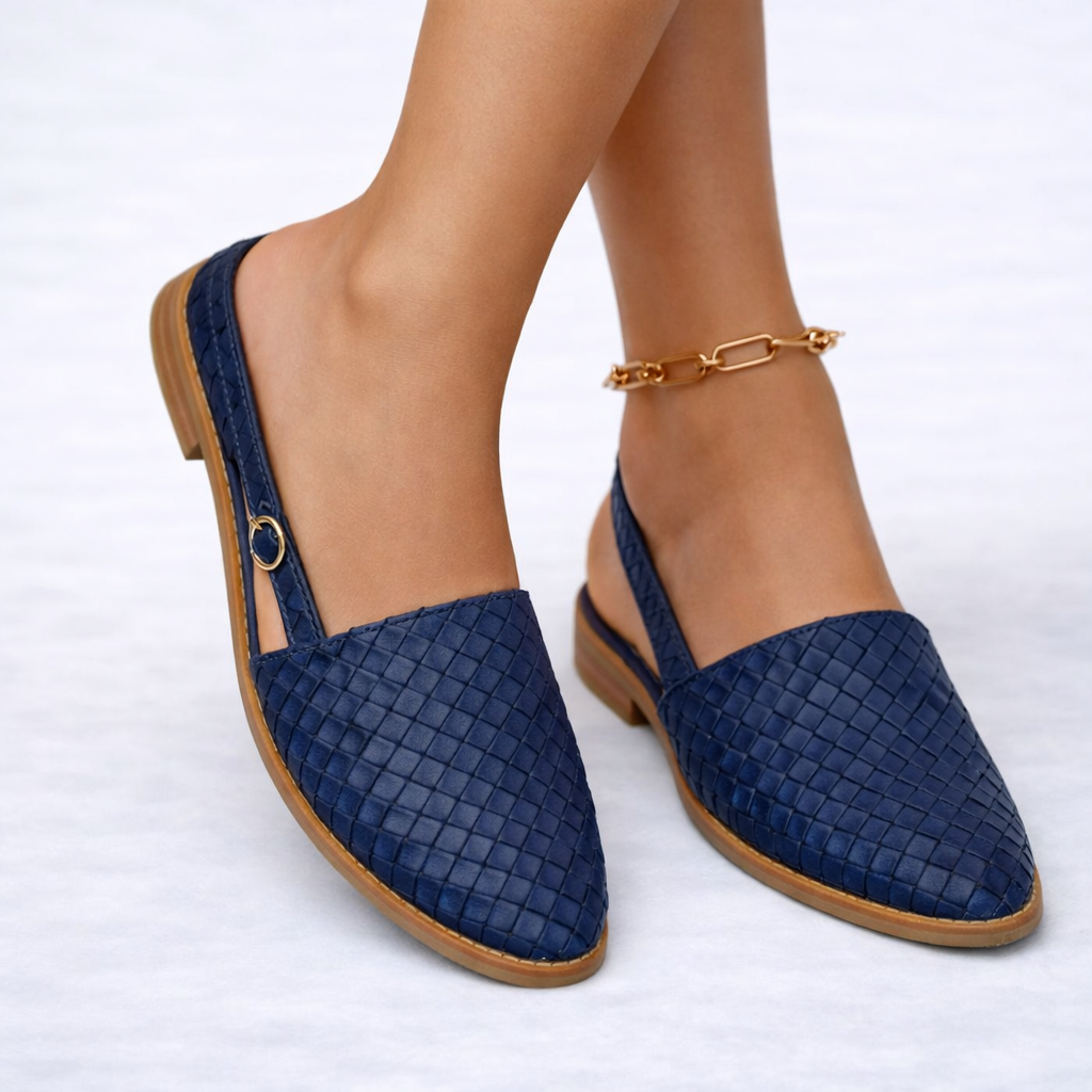 Black Flats for Women Woven Vegan Leather Slingback Elegant Pointed Toe