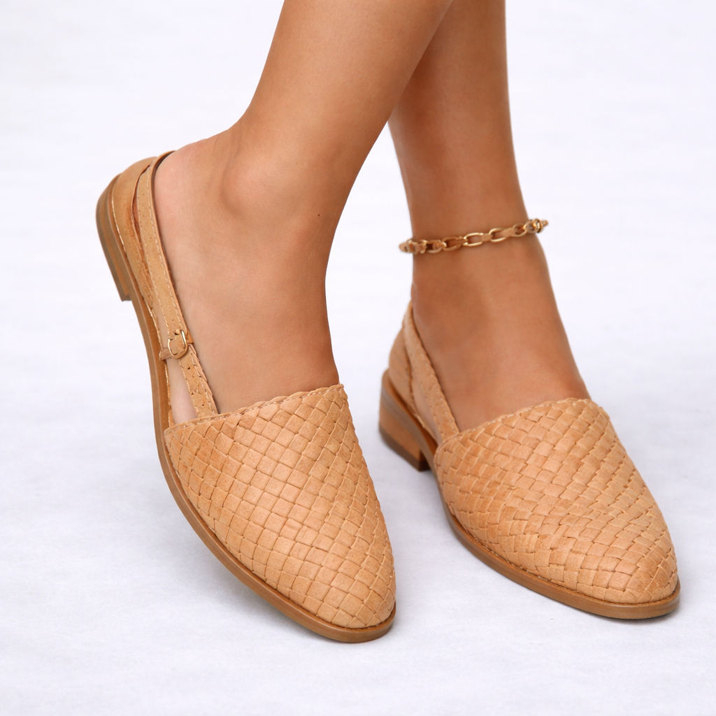 Black Flats for Women Woven Vegan Leather Slingback Elegant Pointed Toe