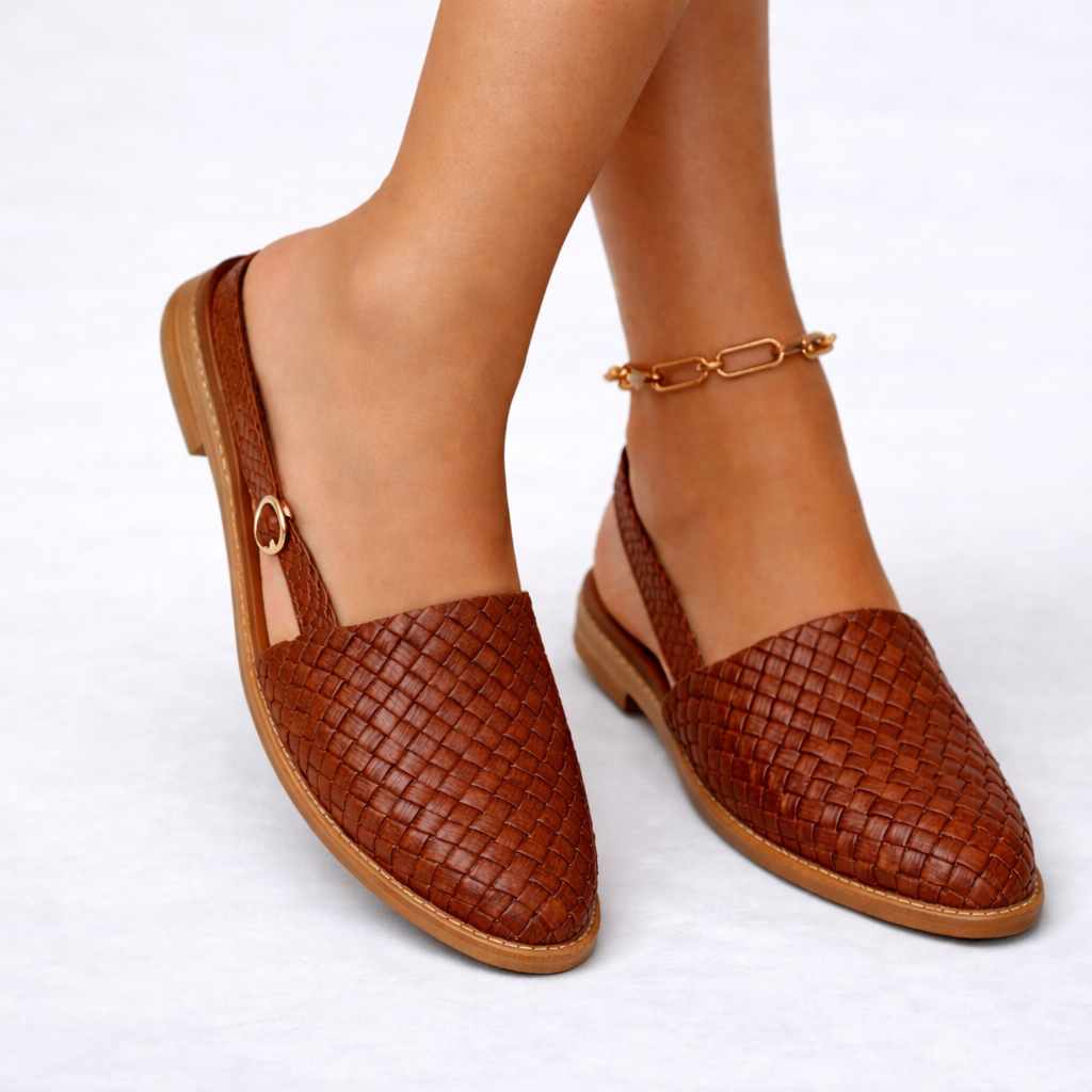 Black Flats for Women Woven Vegan Leather Slingback Elegant Pointed Toe