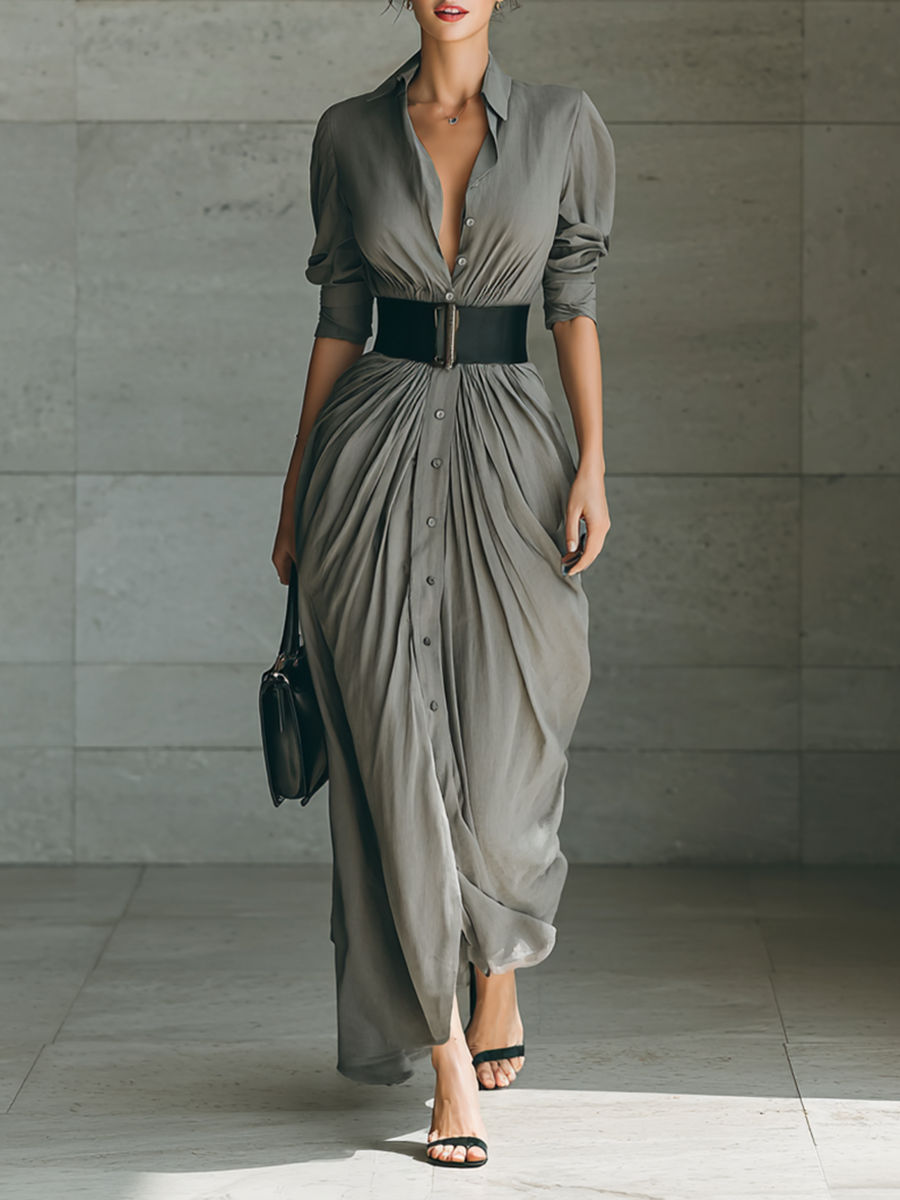 The Winifred – Women's Belted Lapel Long Sleeve Maxi Dress | Huna