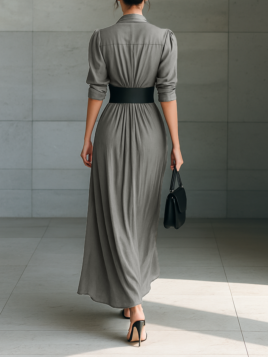 The Winifred – Women's Belted Lapel Long Sleeve Maxi Dress | Huna